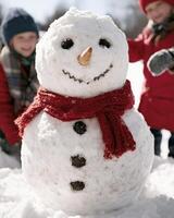 Cheerful snowman with red scarf in winter scene photo