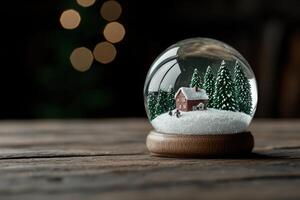 Cozy winter snow globe scene with cabin and trees photo