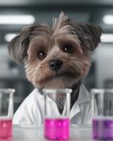 Curious dog scientist in lab coat photo