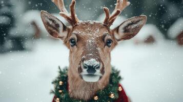 close up of a deer with christmas wreath in snowy forest photo