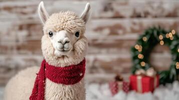 cute fluffy alpaca wearing red scarf in front of christmas tree photo