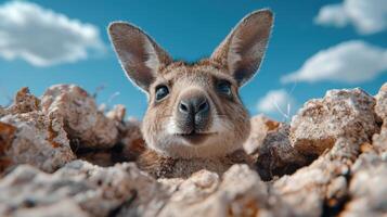 curious kangaroo peeking out from rocks photo
