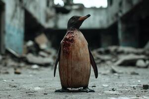 Injured penguin in a dilapidated environment photo