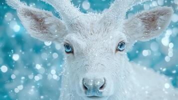 Closeup of a white deer with icy antlers in a snowy winter scene photo