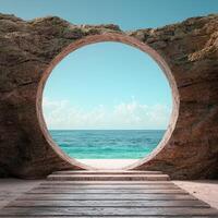 Serene ocean view through stone archway photo