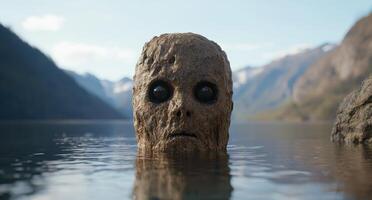 mysterious stone face emerging from tranquil lake photo