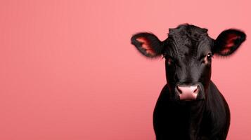 close up portrait of a black cow against a pink background photo