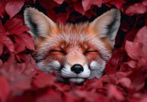 Sleeping fox in autumn leaves photo