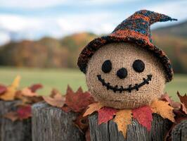Autumn scarecrow in field with leaves photo
