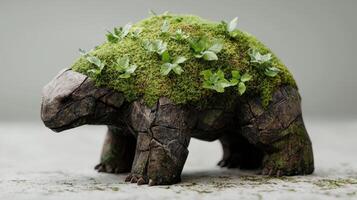 Moss covered rock sculpture with greenery photo