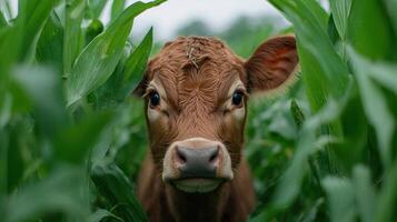 Curious cow peeking through corn field photo