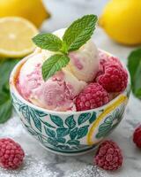Refreshing raspberry sorbet with lemon and mint photo