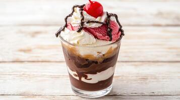 delicious ice cream sundae with chocolate syrup and cherry on top photo