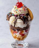 Decadent ice cream sundae with chocolate syrup, whipped cream, and colorful sprinkles photo