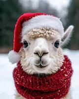 Cute alpaca wearing a festive red hat in the snow photo