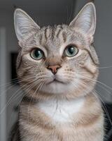 Close up portrait of a beautiful tabby cat with striking green eyes photo