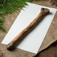 Rustic wooden stick on blank white paper with fern leaves photo