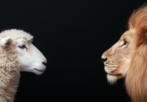 Contrast between a sheep and a lion photo