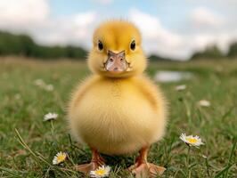 Cute baby duck in a field of flowers photo