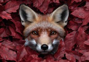 Curious fox peeking through autumn leaves photo