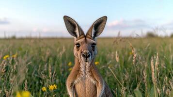 curious kangaroo in a field of wildflowers photo