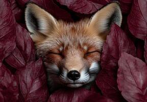 Sleeping fox in autumn leaves photo