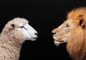 Powerful lion and fluffy sheep face to face photo