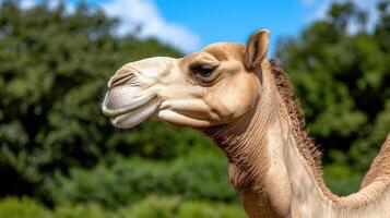 close up of a camels head in a natural setting photo
