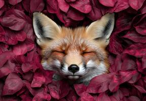 Peaceful fox sleeping in autumn leaves photo
