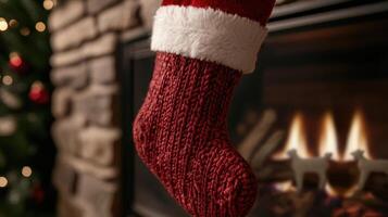 A red sock hanging from a fireplace with a christmas tree in the background photo