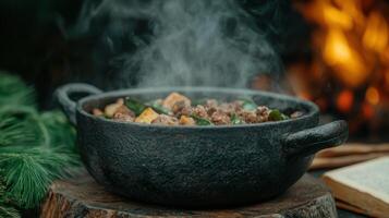 A pot of food with meat and vegetables on a table photo
