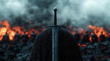 The sword is in the middle of a large crowd photo