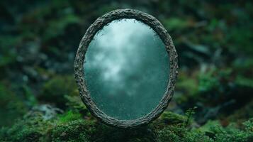 A mirror is sitting on top of a moss covered rock photo