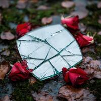 Broken mirror with red roses on the ground photo