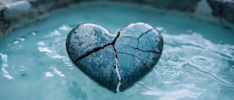A broken heart is sitting in a pool of water photo