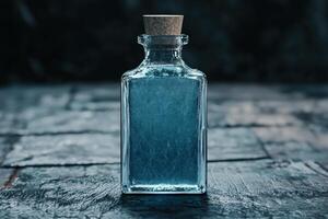 A bottle of blue liquid sitting on a table photo