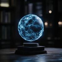Glowing sphere of light floating above dark surface photo