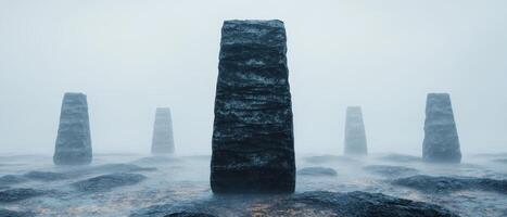 Mysterious monoliths in the fog photo