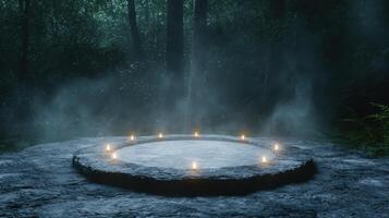 mystical forest waterfall with candles photo