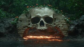 A skull with flowers growing out of it in the water photo