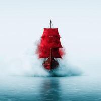 Mysterious red ship sailing through misty waters photo