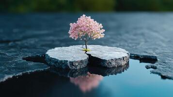 Resilient tree blooming on floating island photo