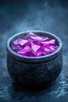 Mystical purple crystal in a dark container with smoke photo