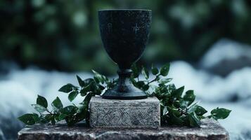 ancient chalice in a mystical forest setting photo
