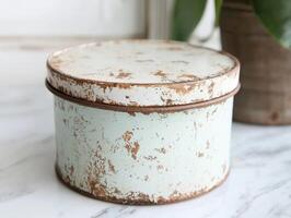 Vintage tin container with distressed paint photo