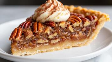 Delicious pecan pie slice with whipped cream topping photo
