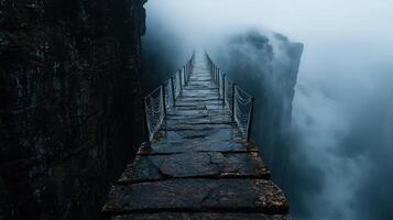 Mysterious Wooden Bridge in Misty Gorge photo
