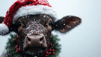 close up of a cow wearing a santa hat in the snow photo