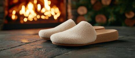 Cozy slippers by the fireplace photo