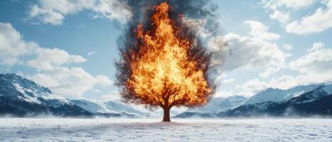Burning tree in snowy landscape photo
